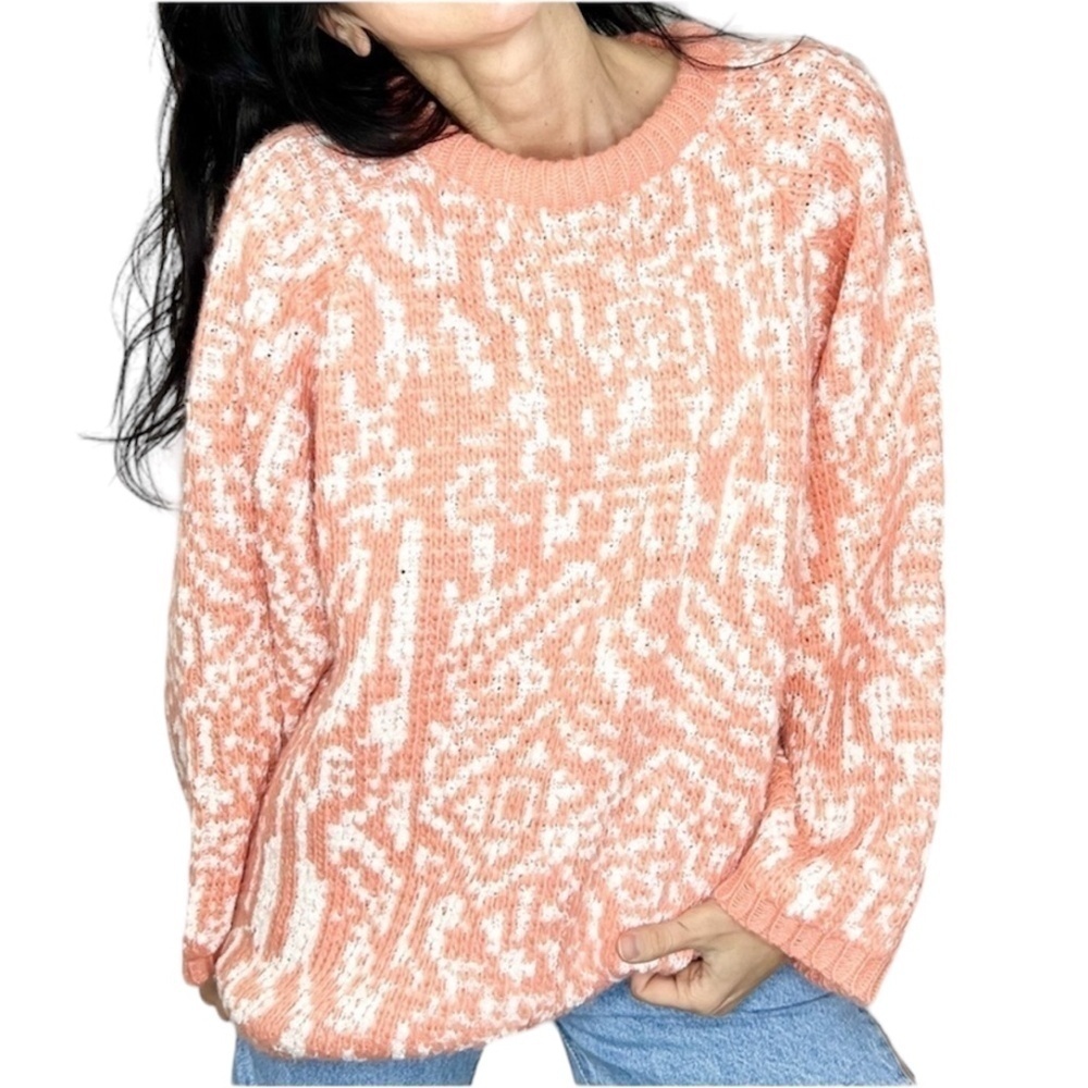 Vintage coral white geometric chunky knit oversized crew neck pullover sweater L